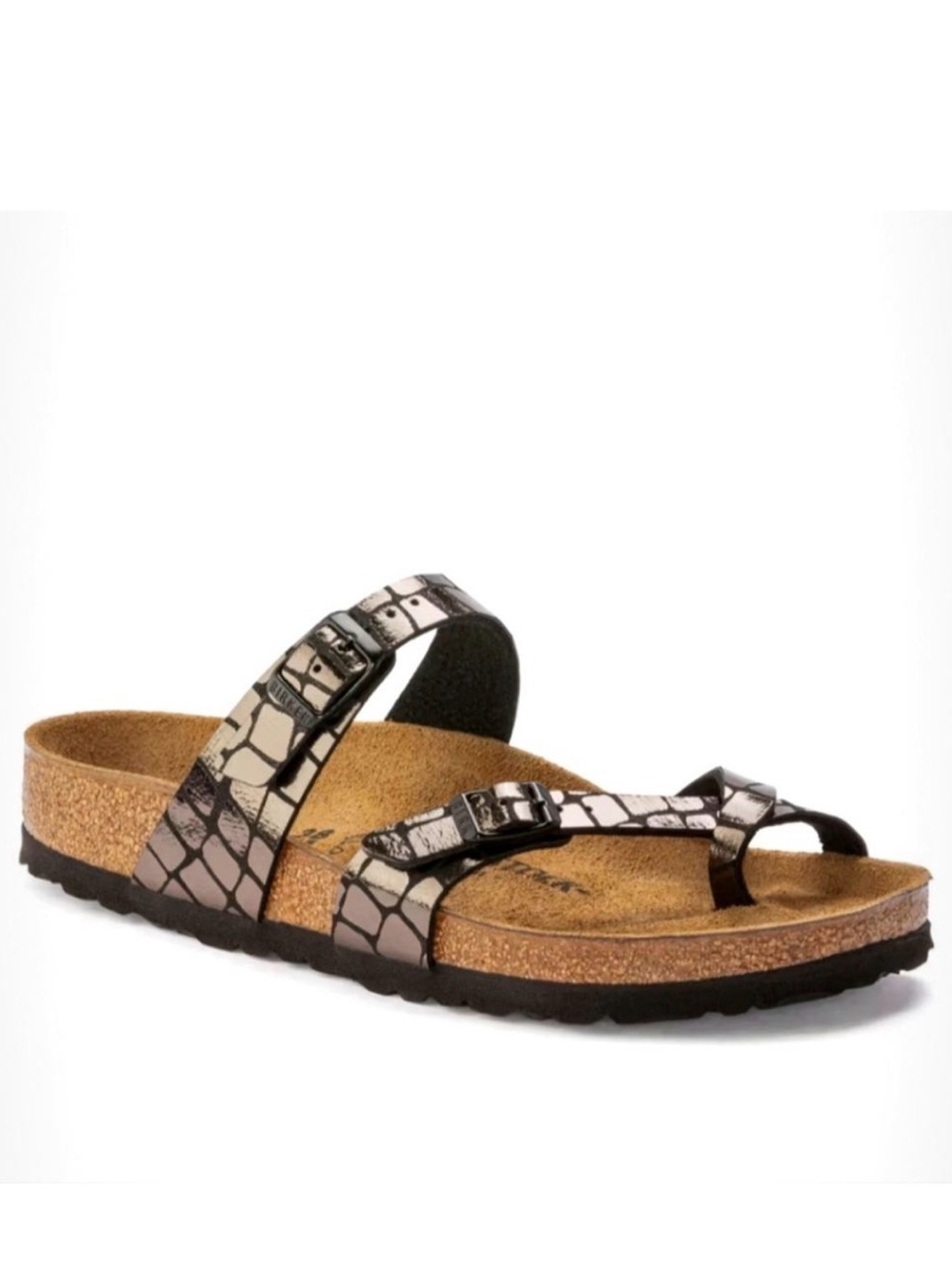 NWT Birkenstock Mayari Croc-Print Metallic Taupe/Gleam Black Thong Sandal EU 40